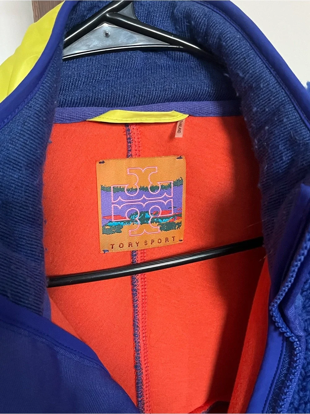 Tory Sport Blue Sherpa Puffer Jacket with Yellow Accents